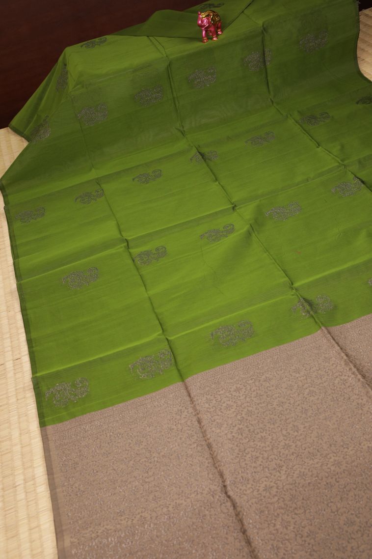 Basil Green Silk Cotton Sarees with Bronze Zari Buttis (small Dots Or Motifs) view 2