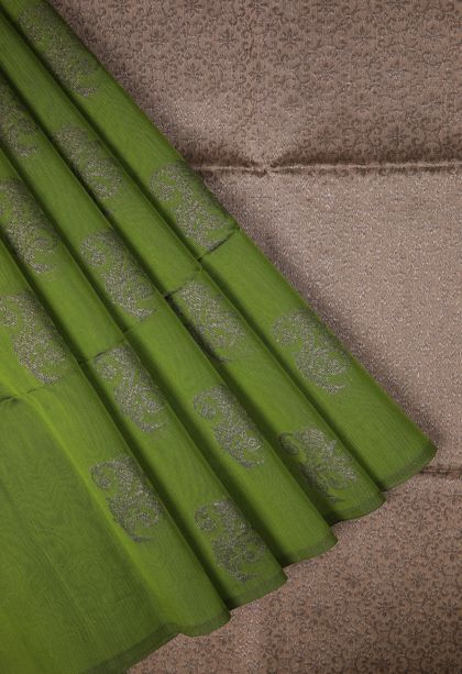 Basil Green Silk Cotton Sarees with Bronze Zari Buttis (small Dots Or Motifs)