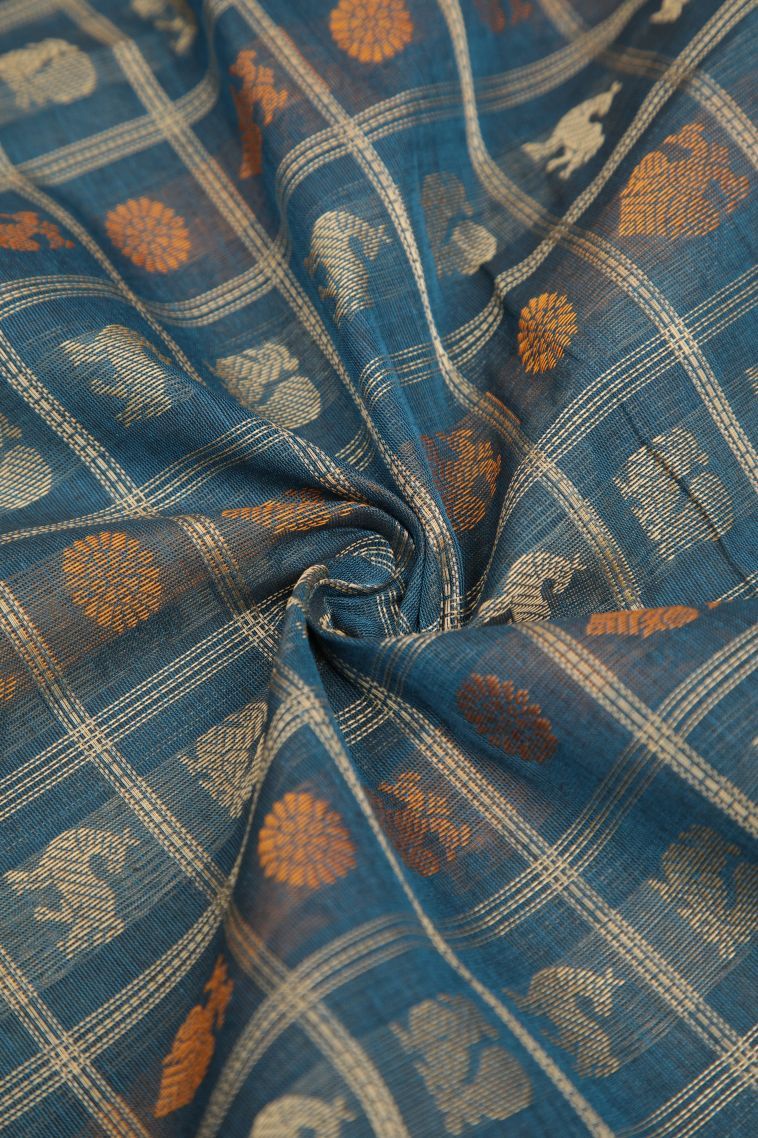 Aegean Blue Pure Handloom Kovai Cotton with Without Zari Zari Peacock Motifs view 4