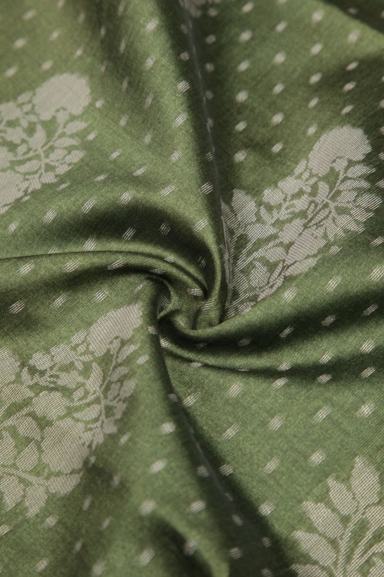 Basil Green Tussar Saree with Without Zari Zari Buttis (small Dots Or Motifs) view 4