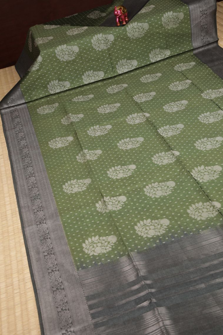 Basil Green Tussar Saree with Without Zari Zari Buttis (small Dots Or Motifs) view 2