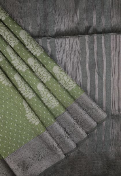 Basil Green Tussar Saree with Without Zari Zari Buttis (small Dots Or Motifs)