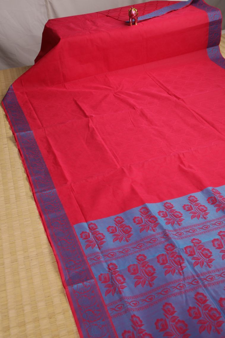 Rose  Red Kovai Cotton Sarees with Without Zari Zari Floral Patterns view 2