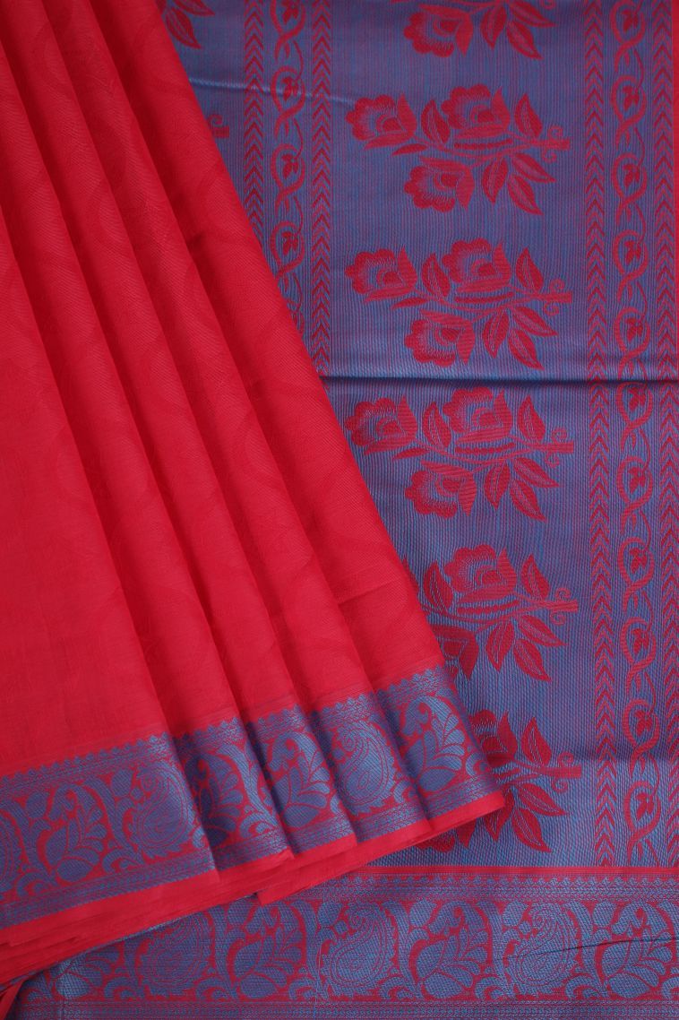 Rose  Red Kovai Cotton Sarees with Without Zari Zari Floral Patterns view 1
