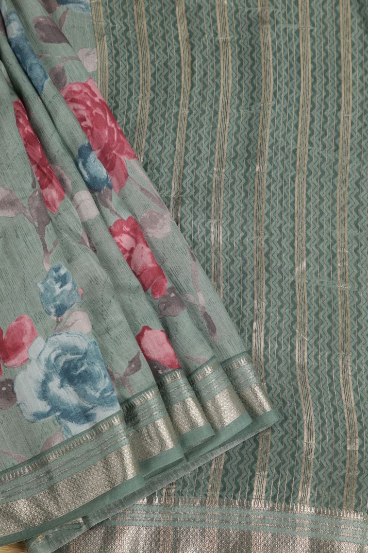 Sapphire Blue Fancy Saree with Silver Zari Floral Patterns view 1