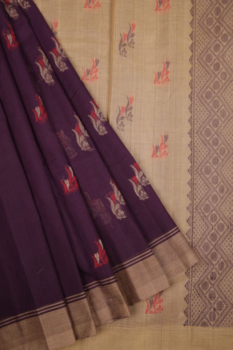 Bosenberry Purple Kanchi Cotton Sarees with Without Zari Zari Floral Patterns view 1