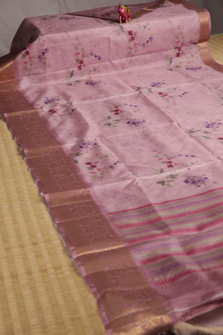 Blush Pink Fancy Saree with Gold Zari Floral Patterns view 2