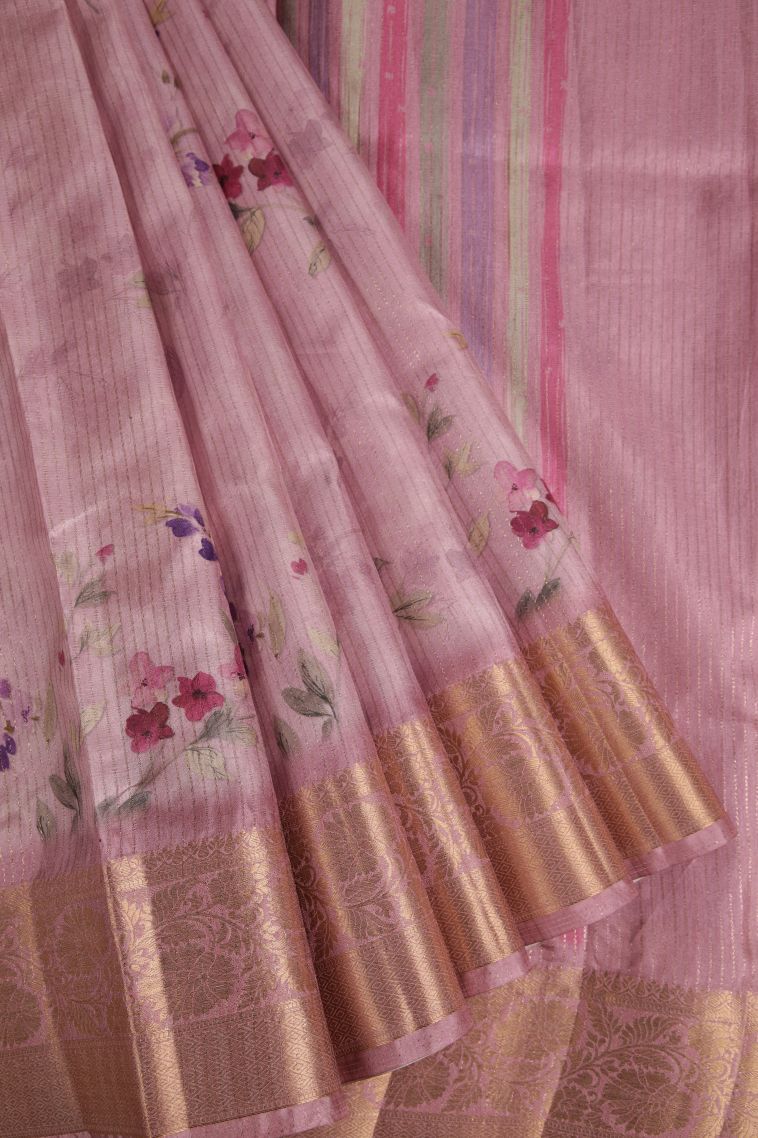 Blush Pink Fancy Saree with Gold Zari Floral Patterns view 1