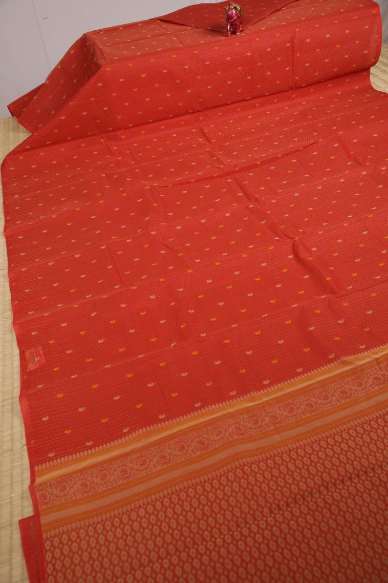 Candy Orange Kanchi Cotton Sarees with Without Zari Zari Floral Patterns view 2