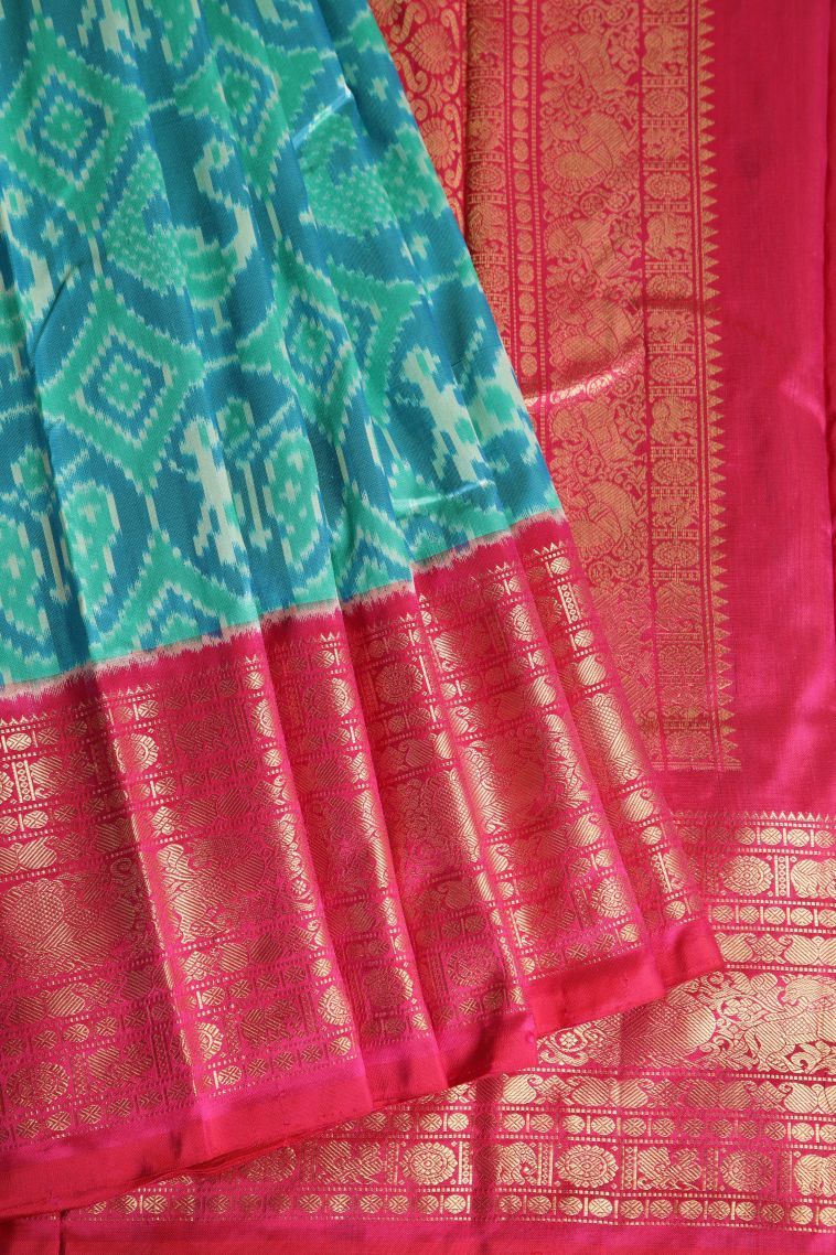Arctic Blue Kanchipuram Silk Sarees with Gold Zari Animal And Bird Motifs view 1