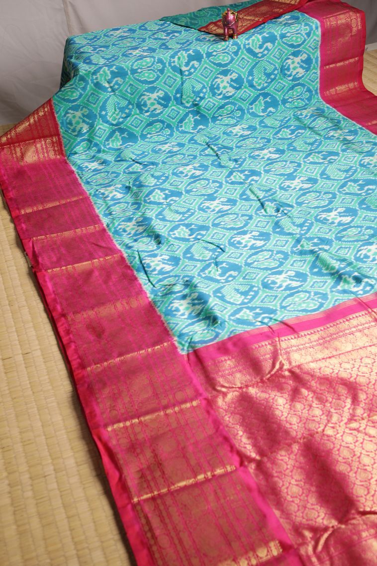 Arctic Blue Kanchipuram Silk Sarees with Gold Zari Animal And Bird Motifs view 2