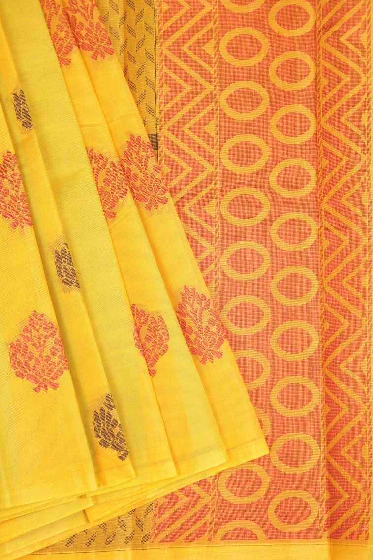 Lemon Yellow Kanchi Cotton Sarees with Without Zari Zari Floral Patterns view 1