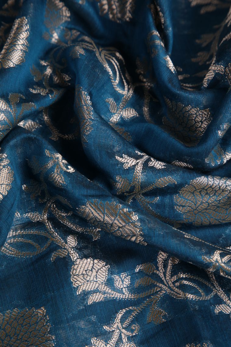 Aegean Blue Fancy Saree with Silver Zari Floral Patterns view 4