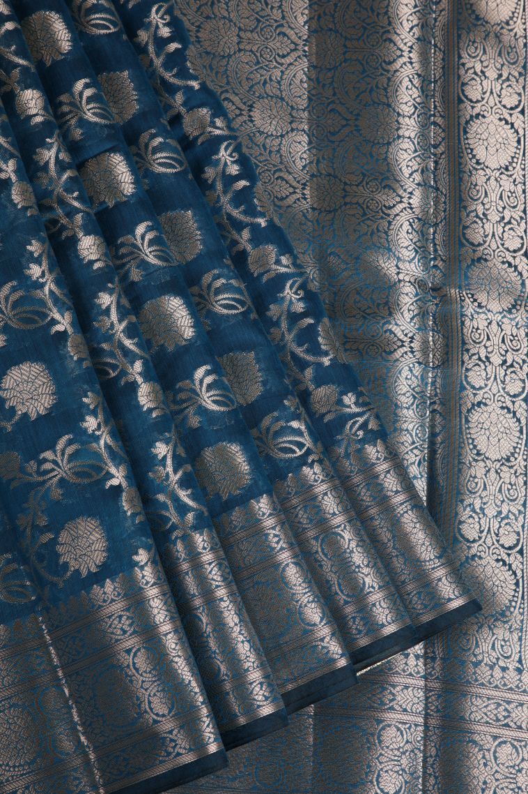 Aegean Blue Fancy Saree with Silver Zari Floral Patterns view 1