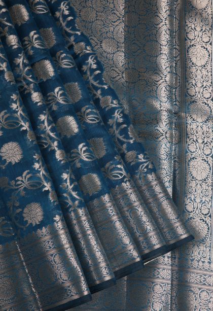 Aegean Blue Fancy Saree with Silver Zari Floral Patterns