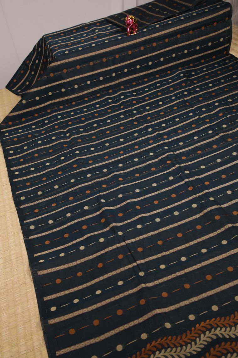 Denim Blue Cotton Sarees with Without Zari Zari Buttis (small Dots Or Motifs) view 2