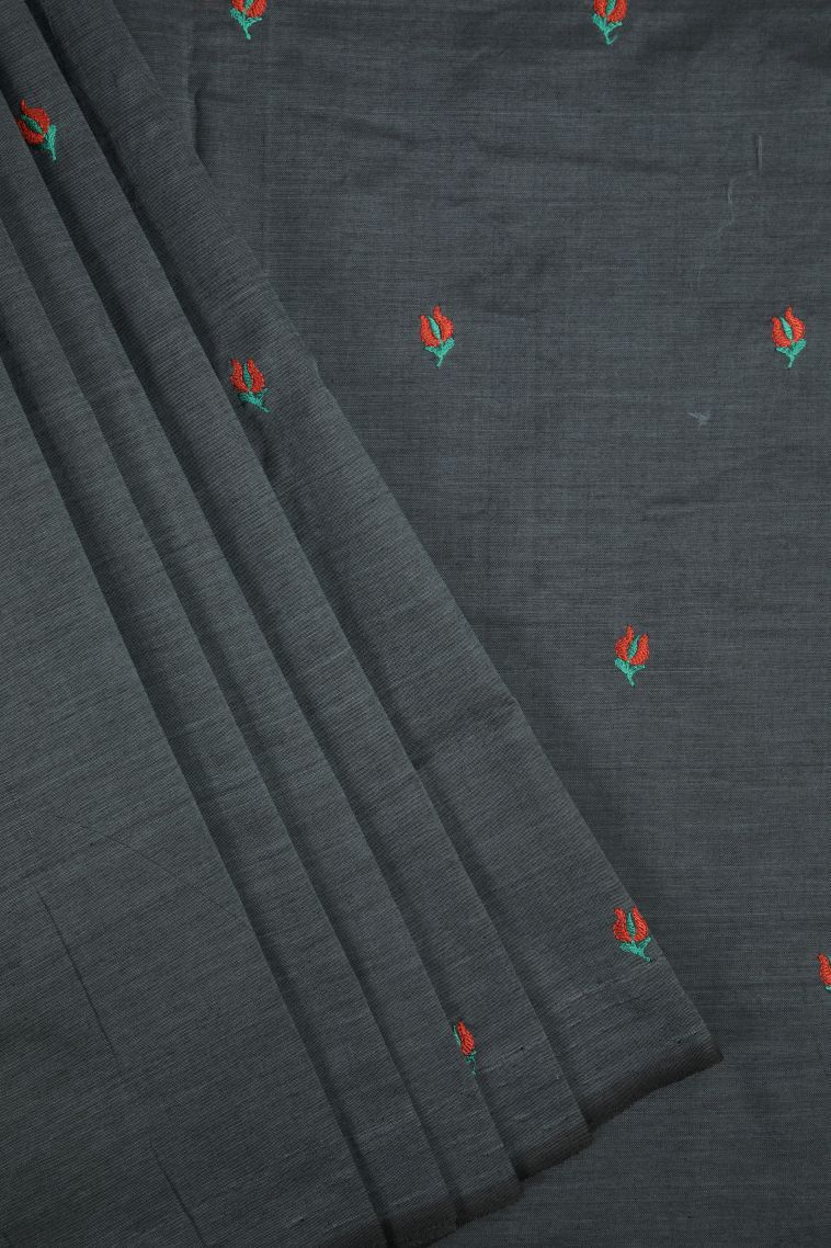 Gray Black Poly Cotton Sarees with Without Zari Zari Floral Patterns view 1