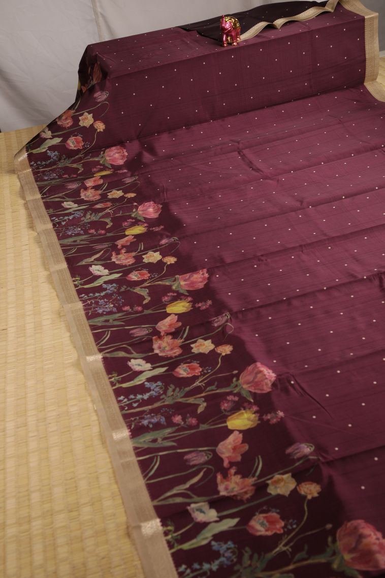 Bosenberry Purple Fancy Saree with Silver Zari Floral Patterns view 2