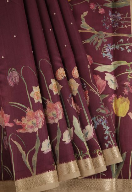 Bosenberry Purple Fancy Saree with Silver Zari Floral Patterns