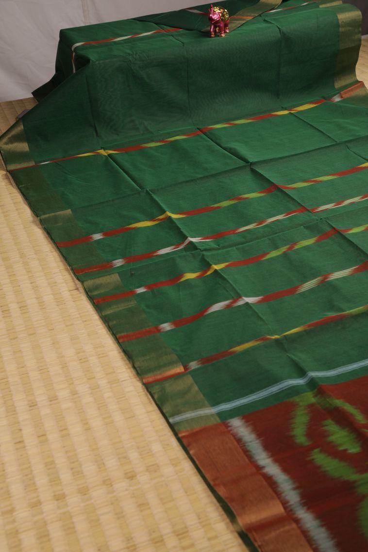 Basil Green Silk Cotton Sarees with Copper Zari Stripes view 2