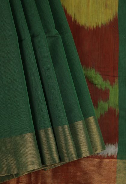 Basil Green Silk Cotton Sarees with Copper Zari Stripes