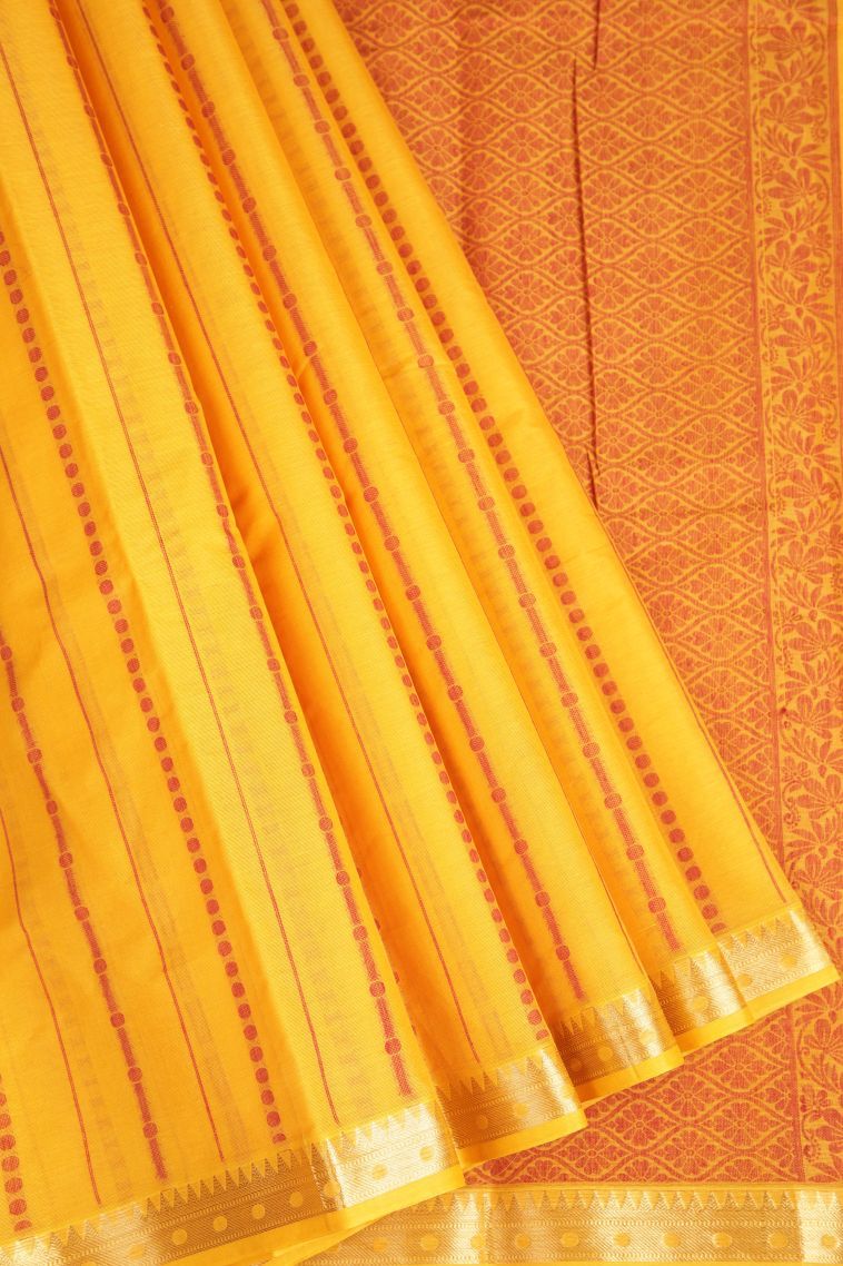 Honey Orange Kanchi Cotton Sarees with Gold Zari Buttis (small Dots Or Motifs) view 1
