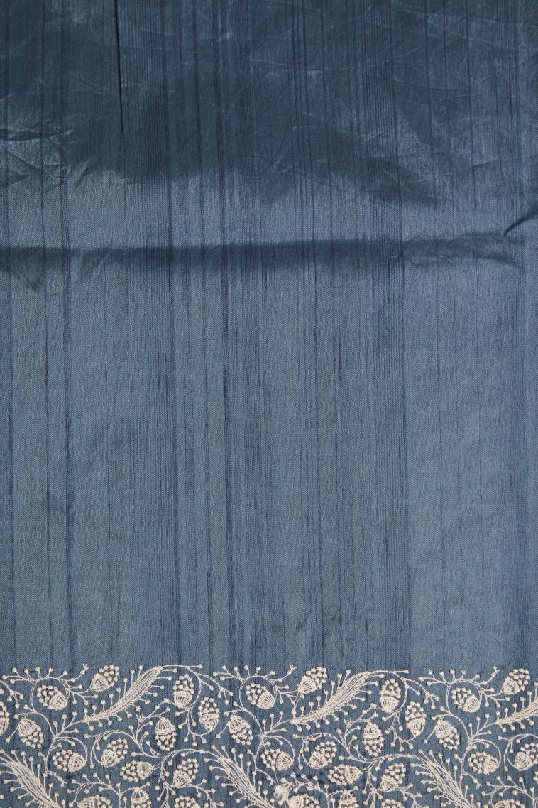 Aegean Blue Tussar Saree with Silver Zari Floral Patterns view 3