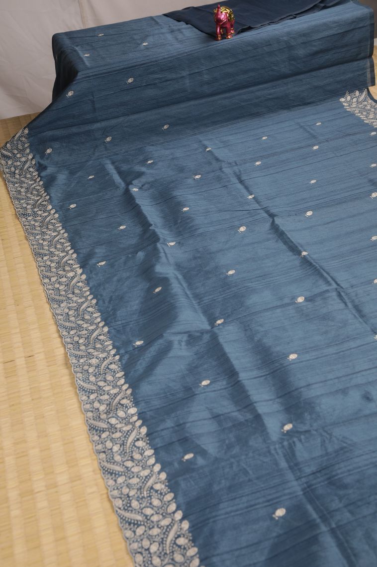 Aegean Blue Tussar Saree with Silver Zari Floral Patterns view 2