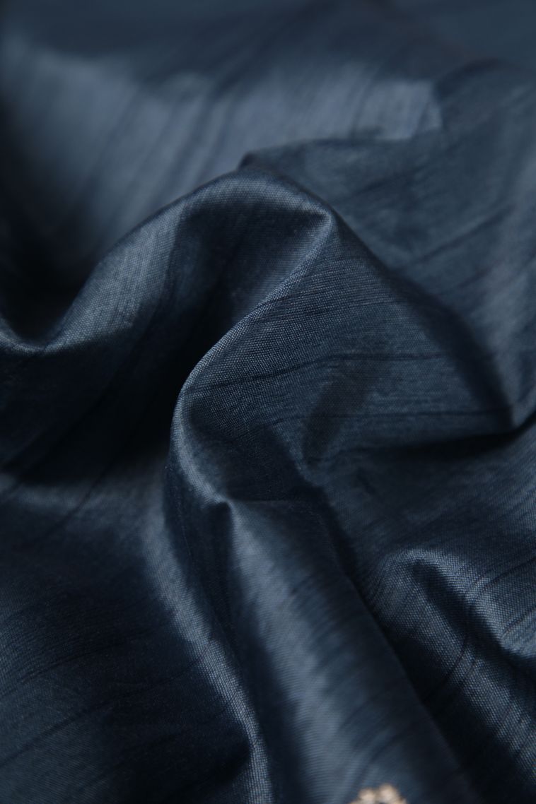 Aegean Blue Tussar Saree with Silver Zari Floral Patterns view 4