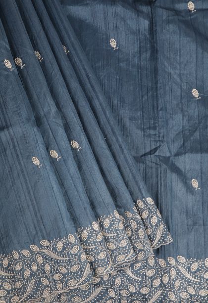 Aegean Blue Tussar Saree with Silver Zari Floral Patterns