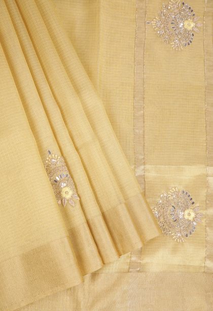 Macaroon Yellow Fancy Saree with Copper Zari Plain