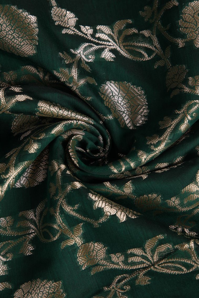 Pine Green Fancy Saree with Silver Zari Floral Patterns view 4