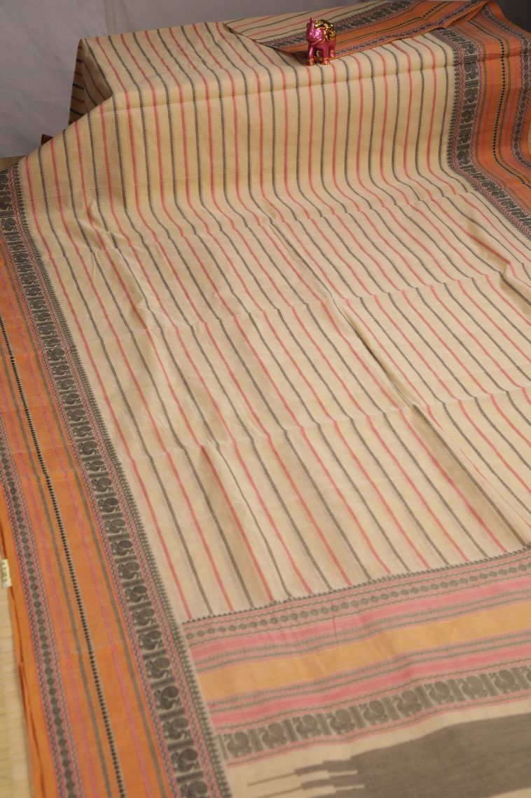 Vanilla Custard Yellow Chettinad Cotton Sarees with Without Zari Zari Stripes view 2