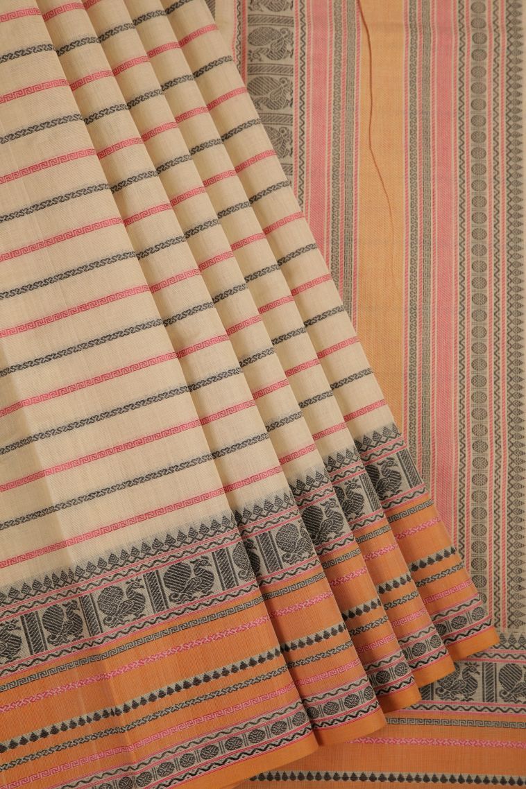 Vanilla Custard Yellow Chettinad Cotton Sarees with Without Zari Zari Stripes view 1