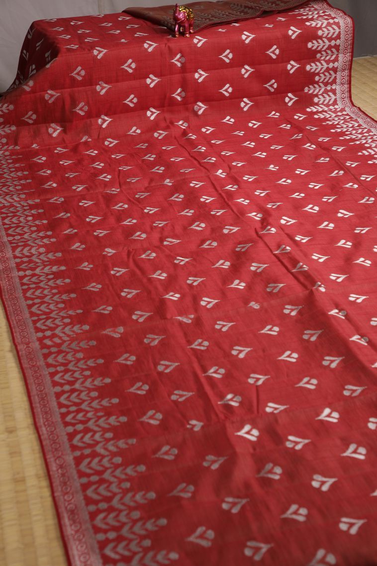 Candy Red Fancy Saree with Silver Zari Buttis (small Dots Or Motifs) view 2
