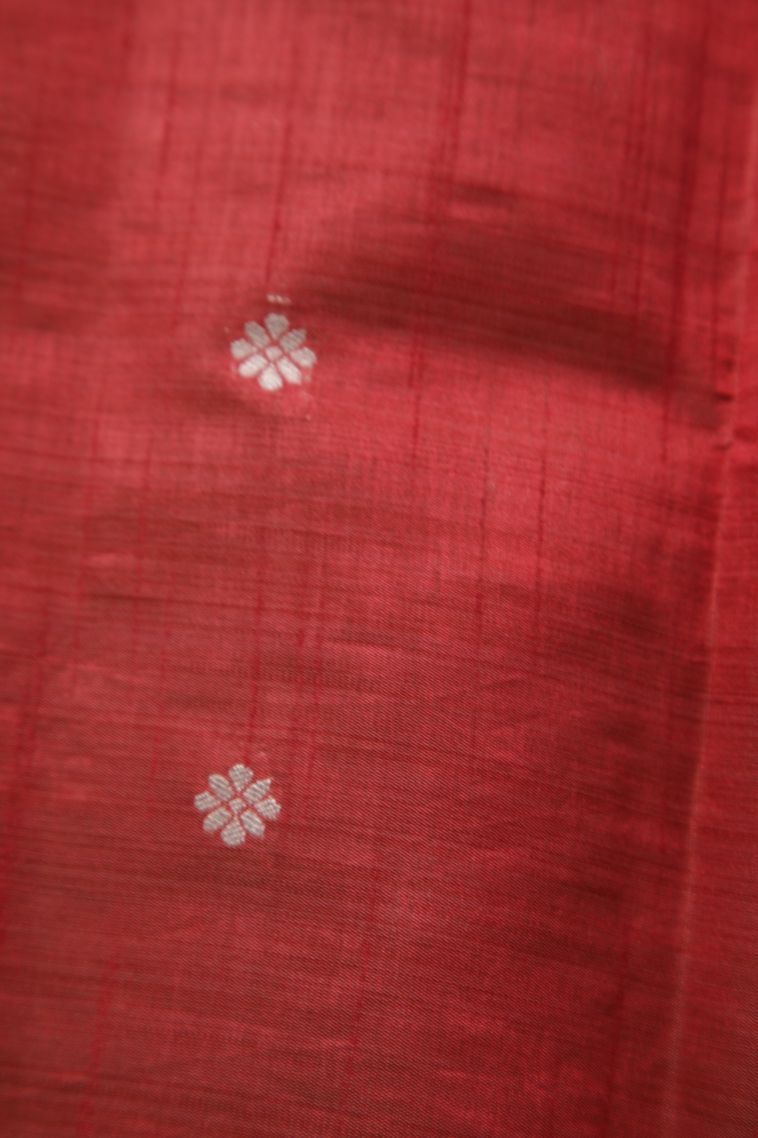 Candy Red Fancy Saree with Silver Zari Buttis (small Dots Or Motifs) view 3