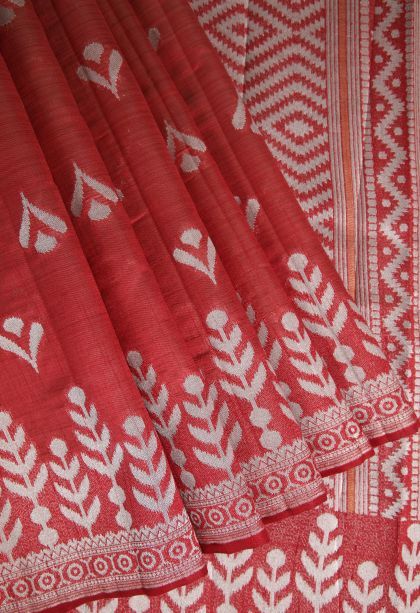 Candy Red Fancy Saree with Silver Zari Buttis (small Dots Or Motifs)