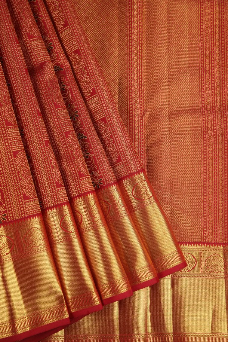 Rose  Red Kanchipuram Silk Sarees with Gold Zari Floral Patterns view 1