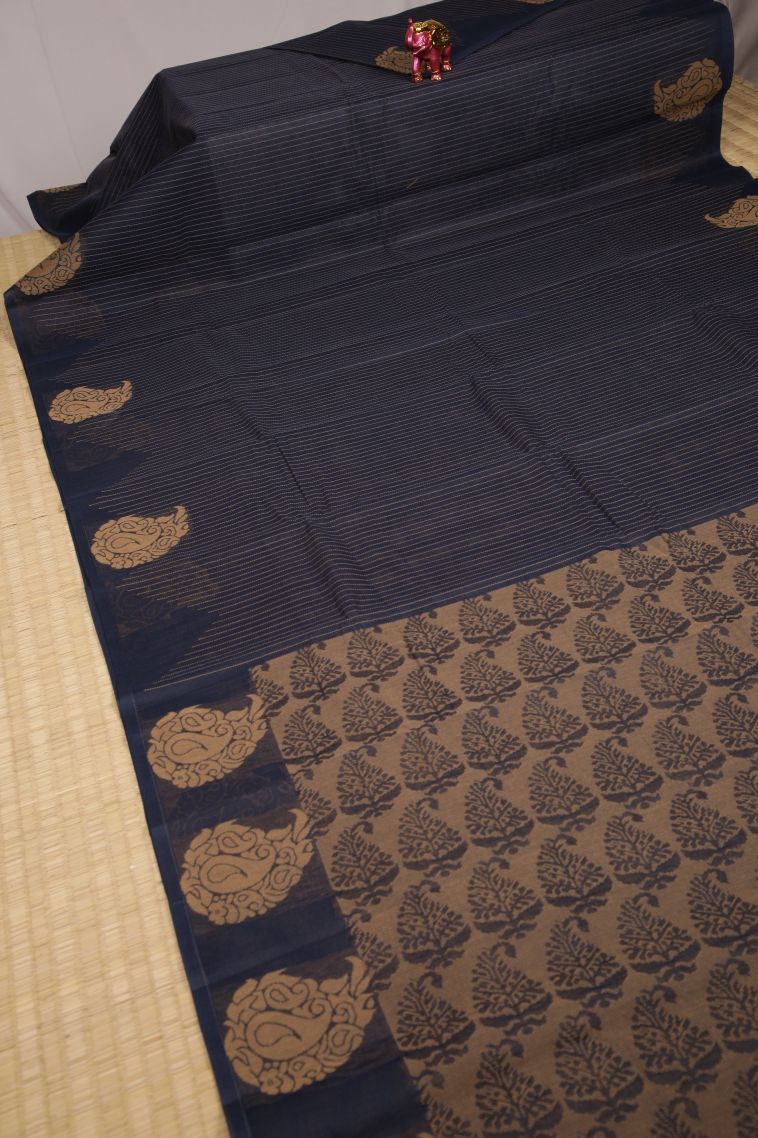 Denim Blue Kanchi Cotton Sarees with Without Zari Zari Stripes view 2