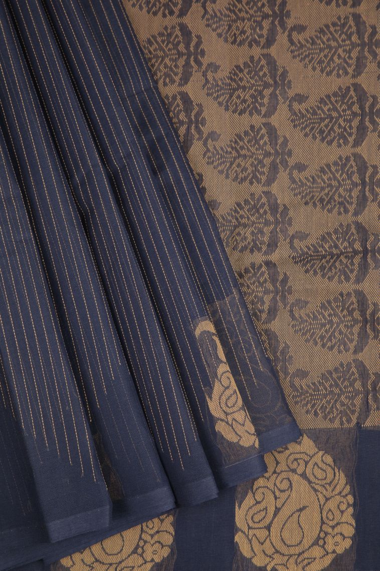 Denim Blue Kanchi Cotton Sarees with Without Zari Zari Stripes view 1