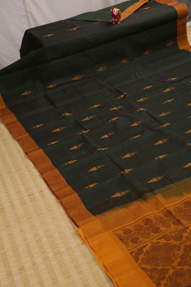 Seaweed Green Kanchi Cotton Sarees with Copper Zari Geometric Shapes view 2