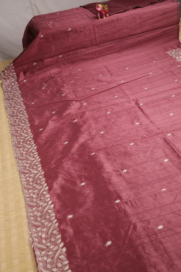 Lipstick Red Fancy Saree with Silver Zari Floral Patterns view 2