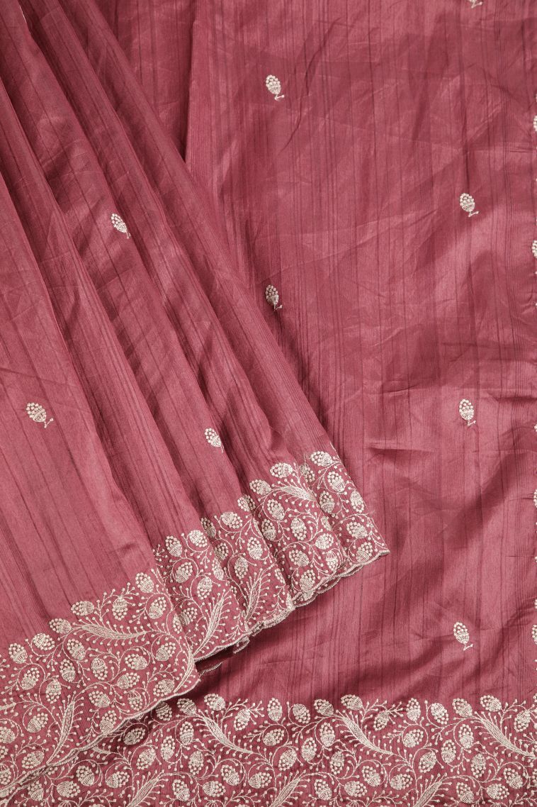 Lipstick Red Fancy Saree with Silver Zari Floral Patterns view 1
