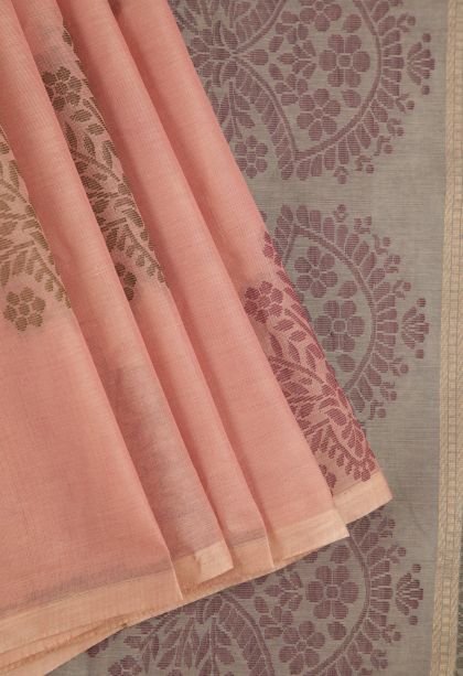 Flamingo Pink Pure Handloom Kovai Cotton with Without Zari Zari Floral Patterns