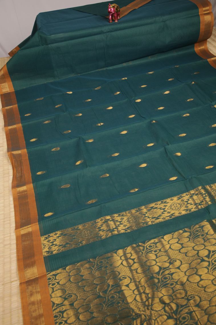 Ocean Blue Kanchi Cotton Sarees with Gold Zari Floral Patterns view 2
