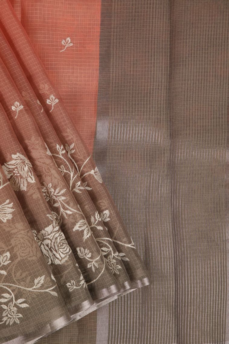 Flamingo Pink Fancy Saree with Silver Zari Floral Patterns view 1