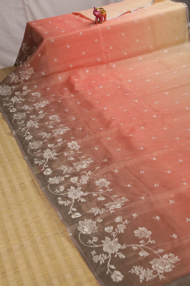 Flamingo Pink Fancy Saree with Silver Zari Floral Patterns view 2