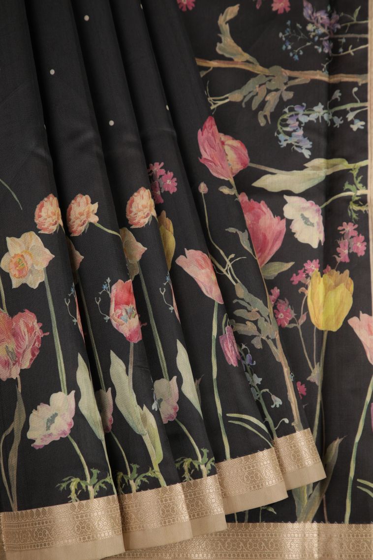 Asphalt Black Fancy Saree with Silver Zari Floral Patterns view 1