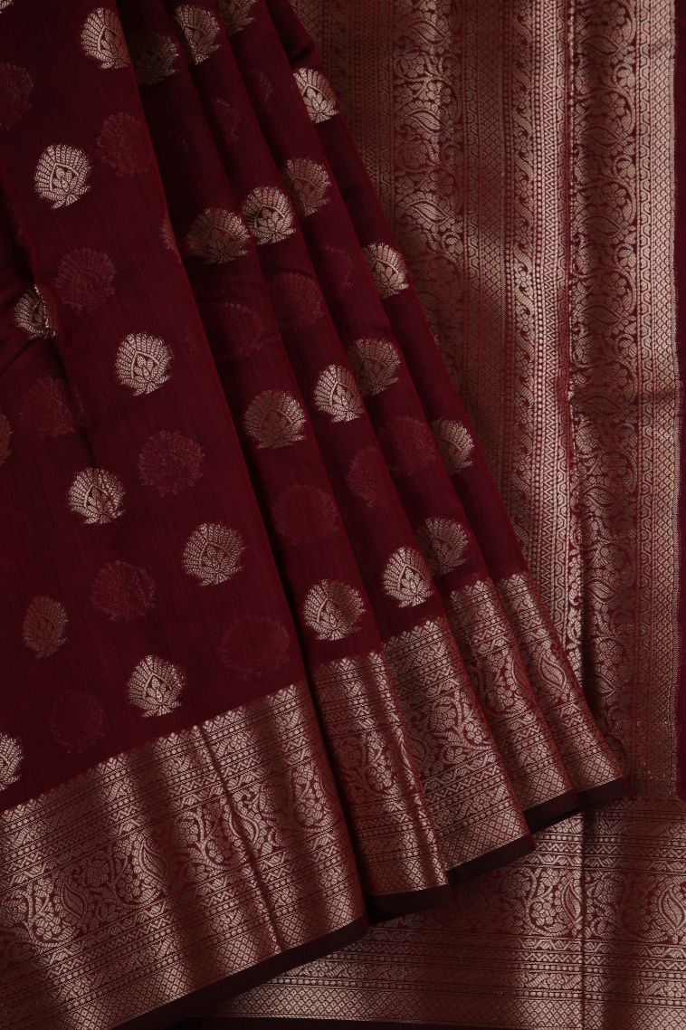 Lipstick Red Fancy Saree with Gold Zari Floral Patterns view 1