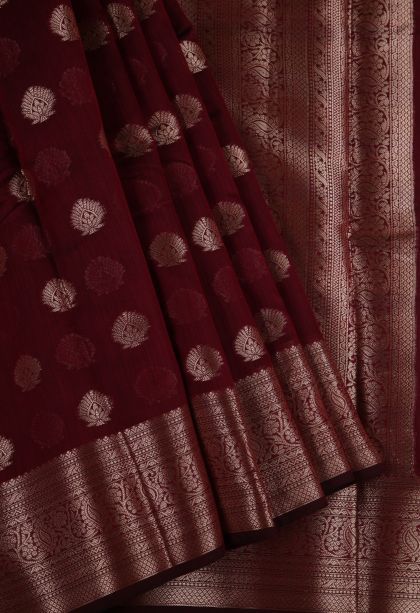 Lipstick Red Fancy Saree with Gold Zari Floral Patterns